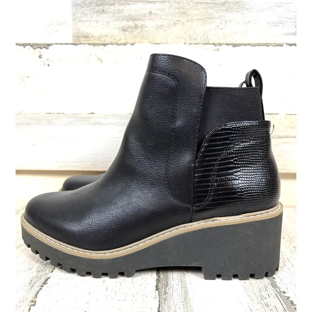 DV Dolce Vita Womens 9 Black Rango Vegan Leather Wedge Platform Ankle Boots